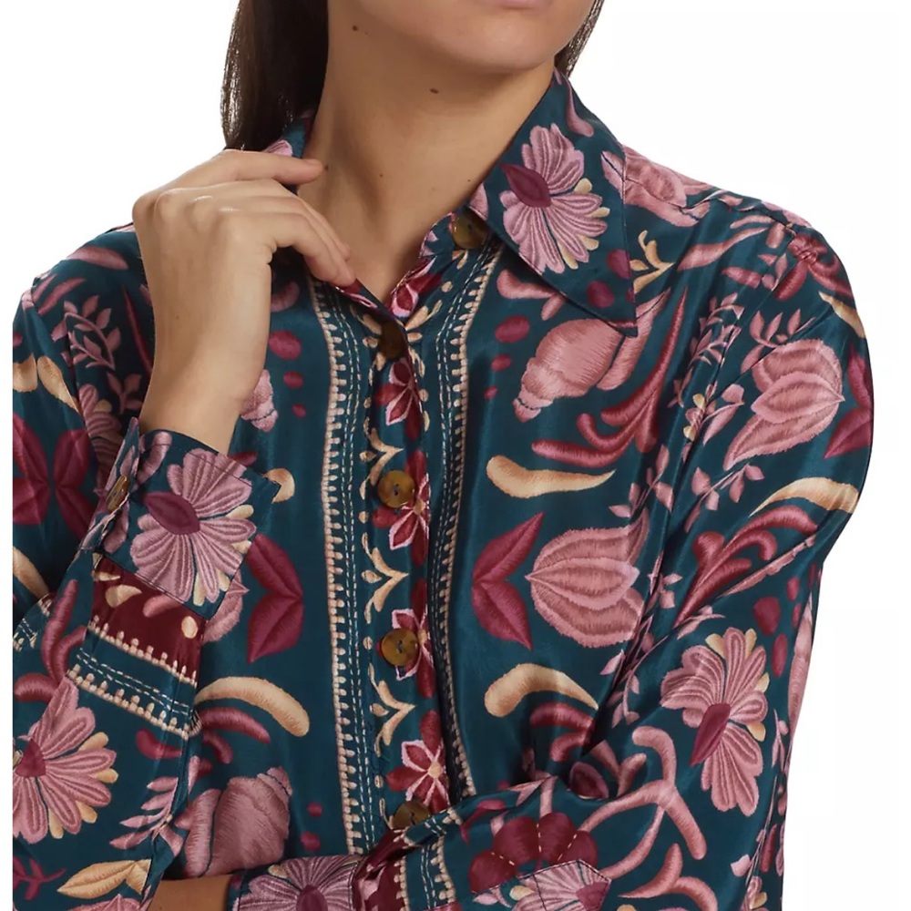 NW*O*T Farm Rio Seashell Flowers Shirt Pink Teal M